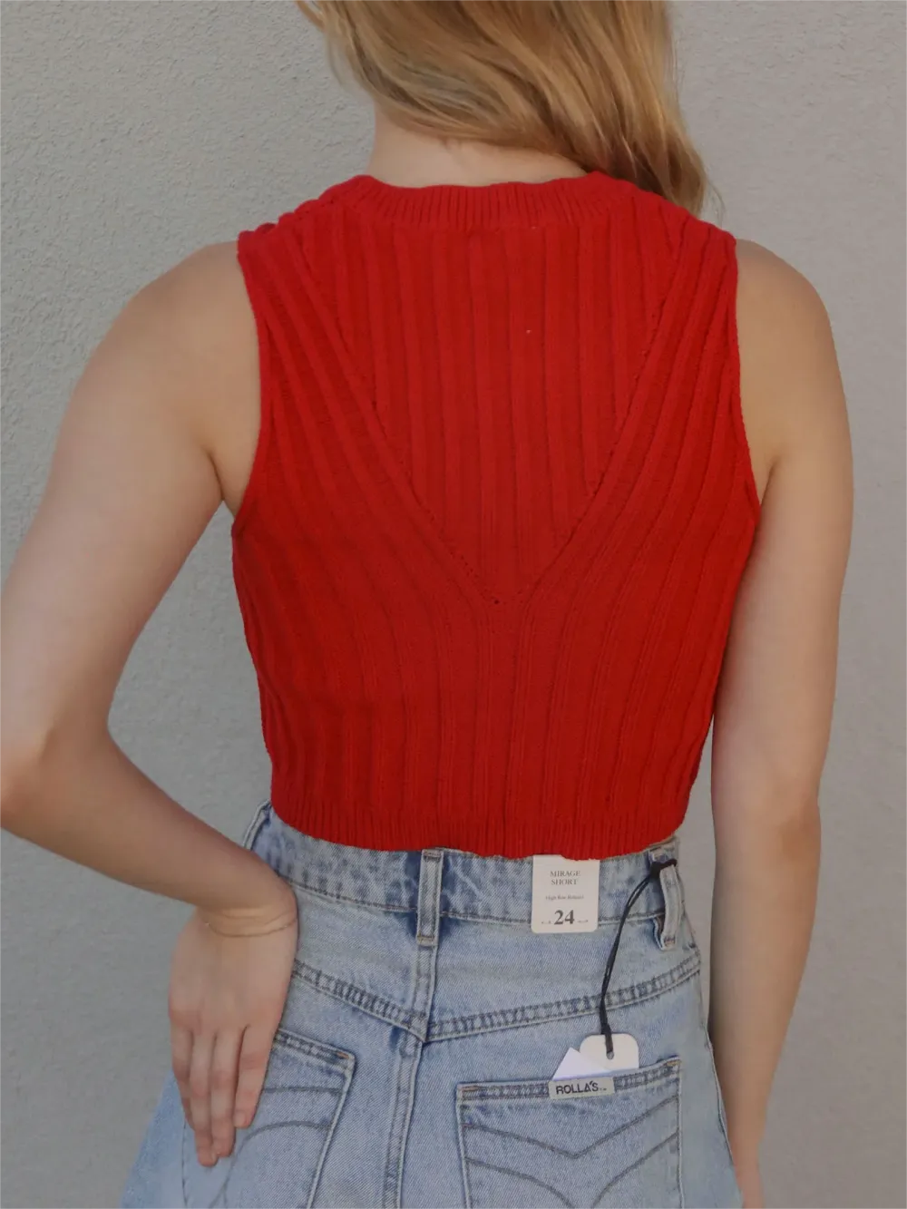 Red Ribbed Sleeveless Cropped Knit Top