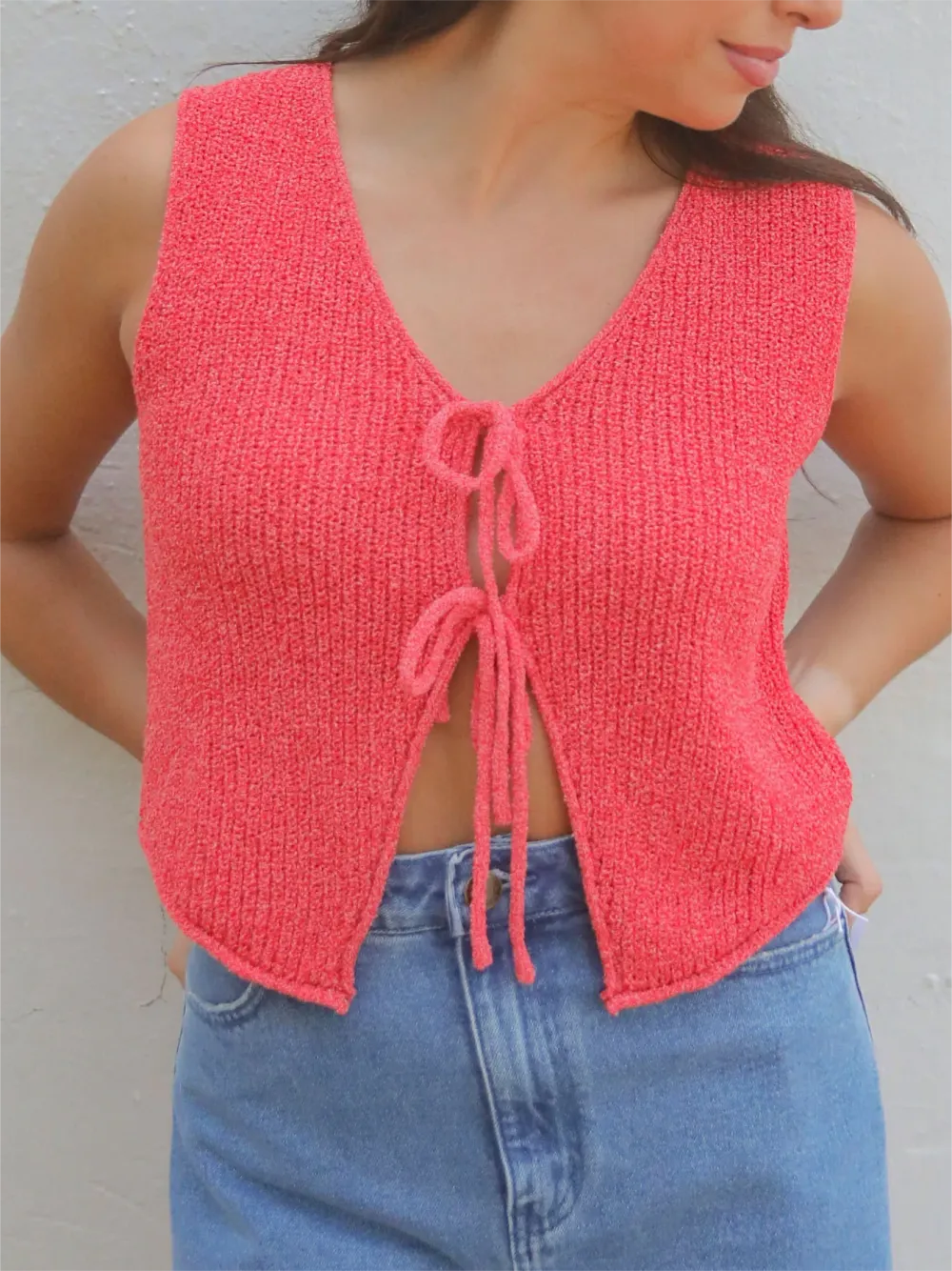 V Neck Tie Front Cropped Knit Top