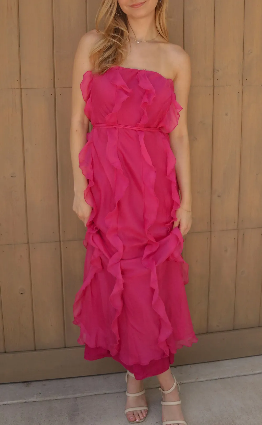 Coral Ruffled Strapless Maxi Dress