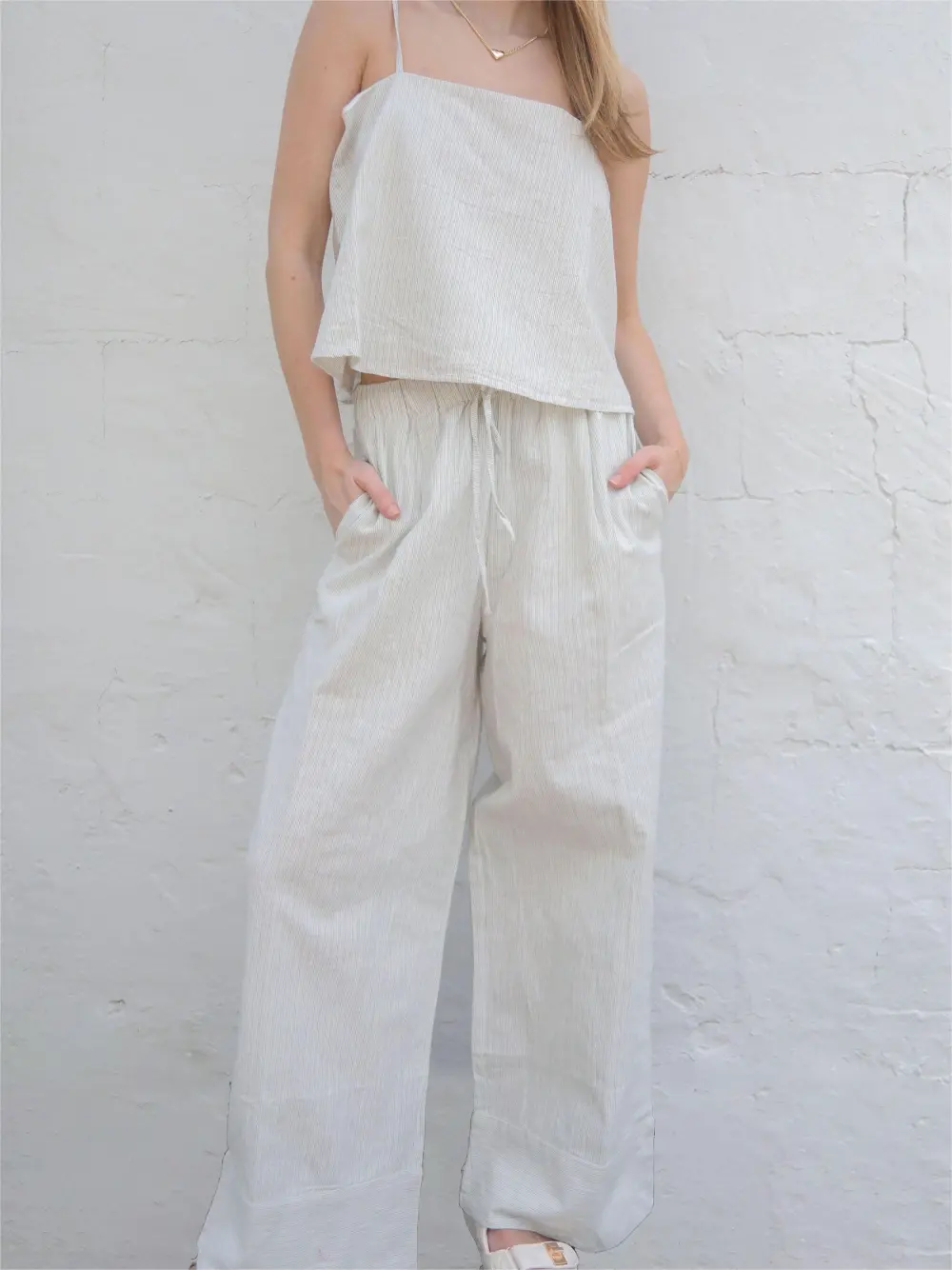 White Wide Leg Striped Pants