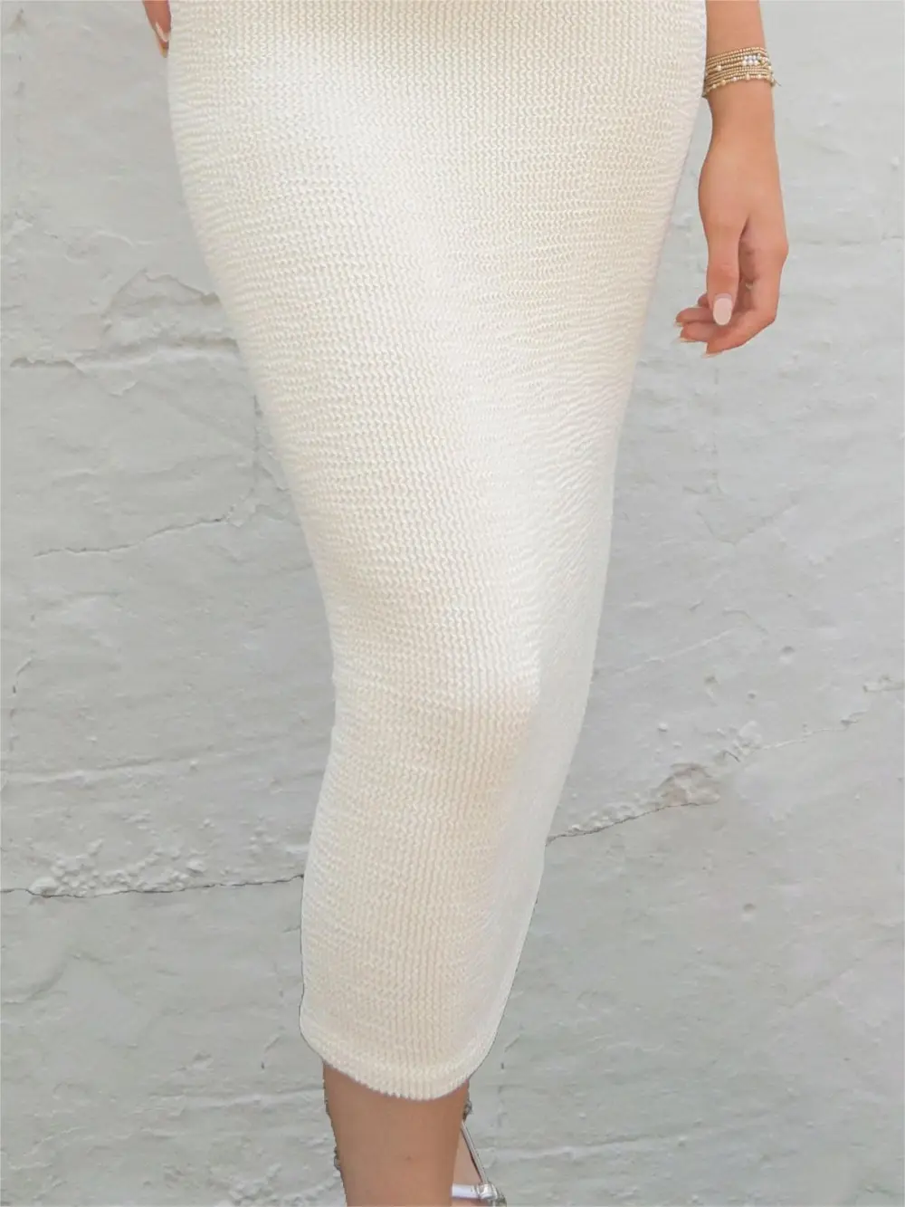 White Textured Midi Skirt