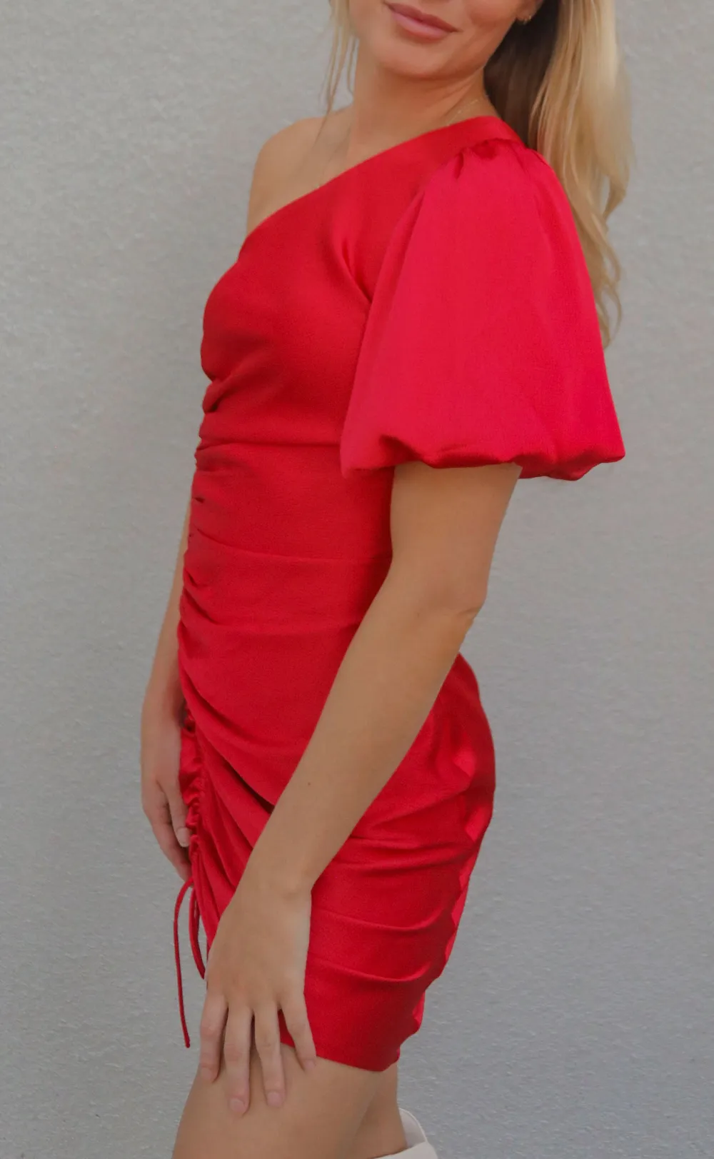 Red One Shoulder Ruched Mini Dress